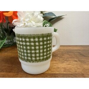 Anchor Hocking Fire-King Green Gingham Plaid Milk Glass Mug Vintage Coffee Cup